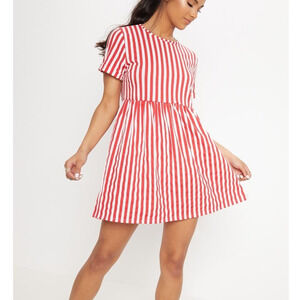 PrettyLittleThing Red Stripe Print Short Sleeve Smock Dress Size 10 New